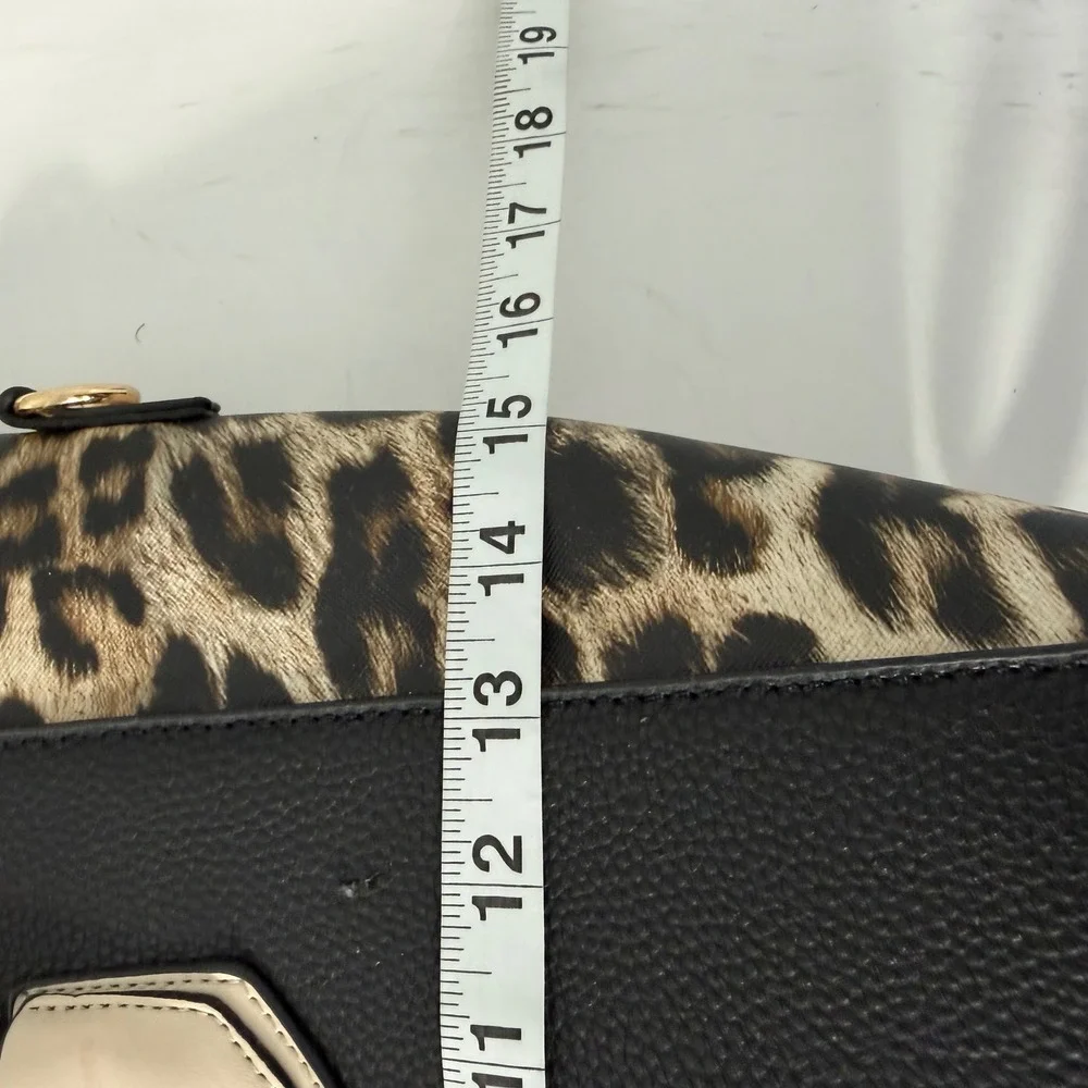 Adrienne Vittadini Black Faux Leather Leopard Print Satchel Handbag